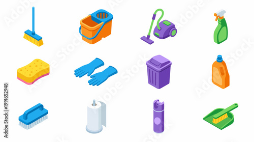 The isometric 3D icon set features various cleaning tools and supplies.