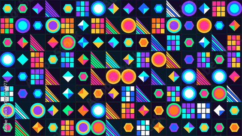 Creative mosaic grid layout of digital NFT art icons for cryptocurrency and blockchain technology concepts