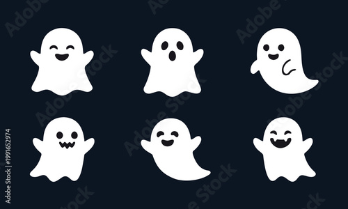 Cute halloween ghost set with pumpkin candy and treasure flat vector
