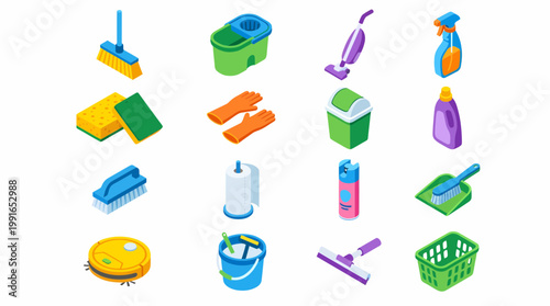 Isometric 3D icon set of cleaning tools and supplies in a bucket