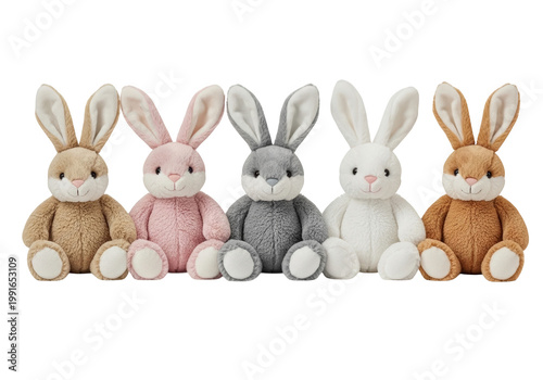 A row of five colorful stuffed bunnies sitting in a line isolated on transparent background, PNG
