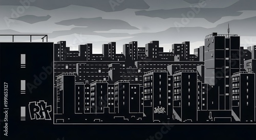 Minimalist black and white city skyline illustration with apartment blocks