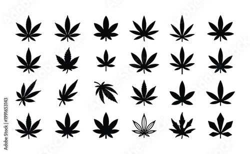 Cannabis leaf silhouette icons set, 24 black marijuana plant leaf vectors, hemp foliage symbols for medical dispensary branding and cbd product packaging