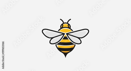 Simple, stylized yellow and black bee with white wings, isolated on white