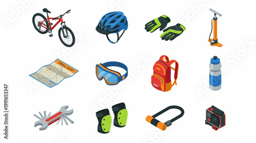 Isometric 3D icon set of cycling accessories and gear for a bike ride