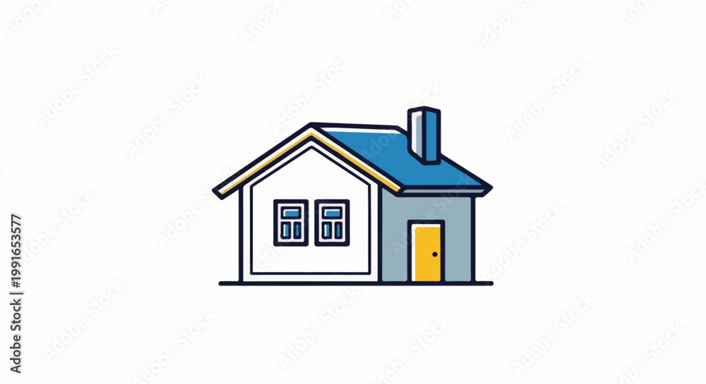 Fototapeta premium Simple cartoon house with blue roof, yellow door and windows