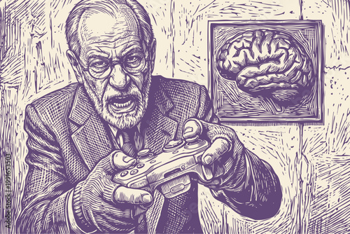 Vintage vector illustration of an expressive psychologist, like Freud, intensely playing a video game, with a brain in a frame on the wall.