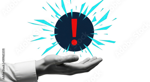 Hand holding a dark circle with a red exclamation mark and blue shards isolated on transparent background