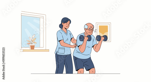 Senior man lifts weights with caregiver's assistance in a bright room