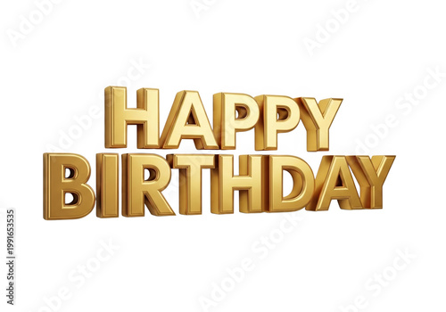 Gold shiny 3d happy birthday text isolated on transparent background, PNG