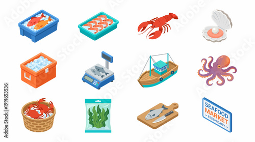 Isometric 3D icon set depicting a seafood market with various food items