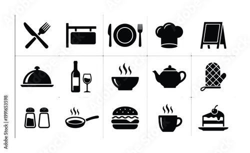 Minimalist restaurant icon set, 15 black food and kitchen vector symbols, professional dining and cafe signage elements for menu design