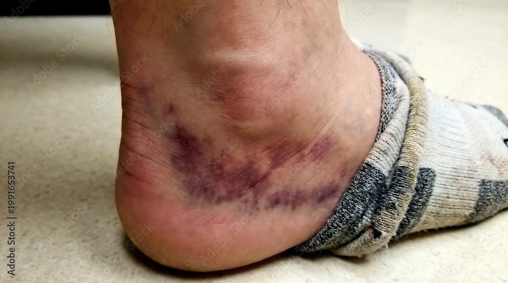 Fototapeta premium Bruised ankle with purple swelling.