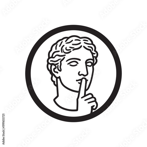 Minimalist Roman Bust Logo With Laurel Wreath And Finger Over Mouth Silence.