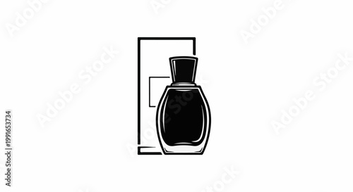 Stylized black and white illustration of a perfume bottle
