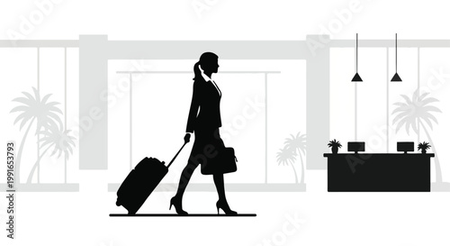 Businesswoman walking with luggage in a hotel lobby interior
