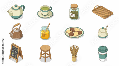 The isometric 3D icon set features a variety of food and drink items on a tray.