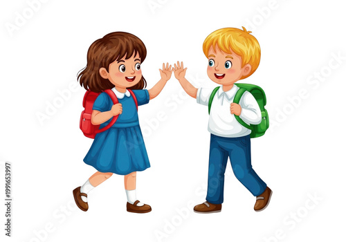 A boy and girl in school uniform holding hands isolated on transparent background, PNG
