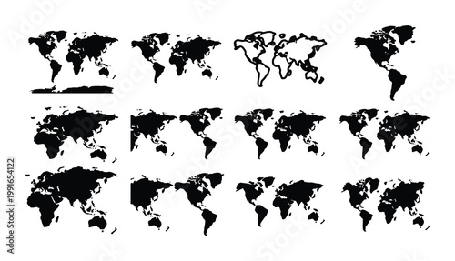 World map vector set, black silhouette earth globes collection, 12 minimalist atlas icons for travel and logistics, flat geography symbols
