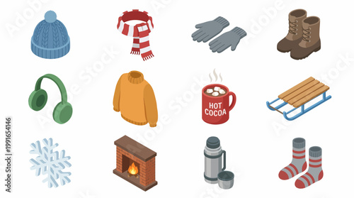 Isometric 3D icon set of winter clothing and accessories on a snowy background