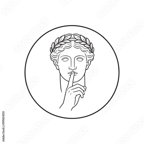 Minimalist Roman Bust Logo With Laurel Wreath And Finger Over Mouth Silence.