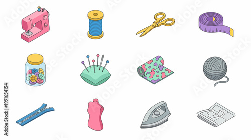 Isometric 3D icon set of sewing tools and equipment in a graphic illustration.