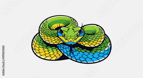 Striking serpent illustration, coiled and vibrant with scales of green, yellow, and blue