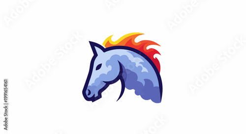 Stylized blue horse head with a fiery mane on a white background
