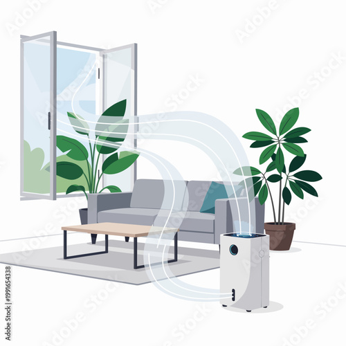 Air purifier with clean air flow in room near sofa and window