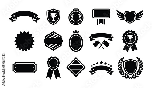 Vintage award badges and trophy ribbons set, black heraldic shield and laurel wreath icons, 15 vector graphic elements for achievement and quality