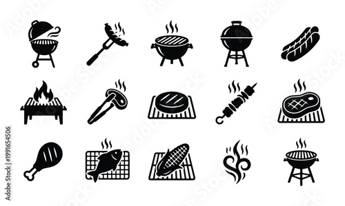 Barbecue grill icon set with 15 black vector symbols, BBQ party elements including steak, sausage, and charcoal grills, outdoor cooking silhouettes