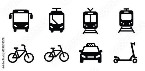 Public transport icons set, black minimalist vehicle symbols including bus, train, and taxi, urban mobility vector collection for city navigation apps