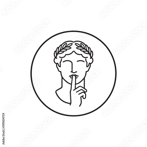 Minimalist Roman Bust Logo With Laurel Wreath And Finger Over Mouth Silence.