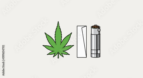 Simple cartoon of a cannabis leaf, rolling paper, and grinder
