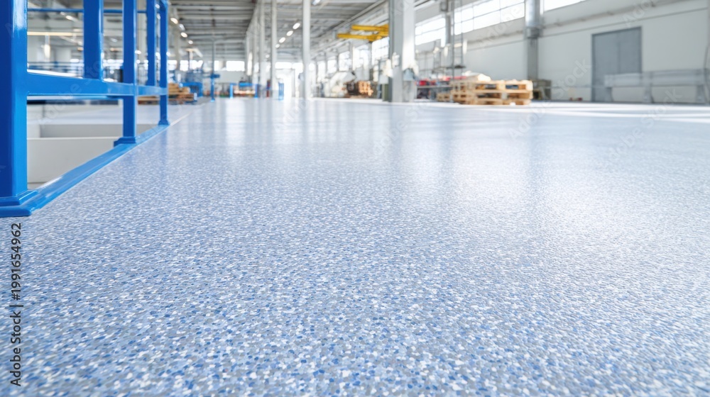 Fototapeta premium Durable Speckled Industrial Floor with a Seamless Epoxy Finish in a Modern Warehouse Interior