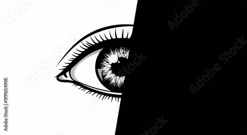 Stylized black and white illustration of an eye partially covered by darkness