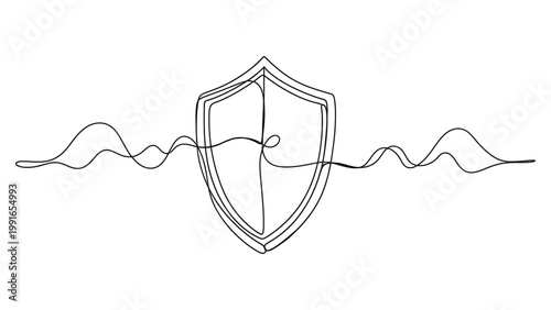 Continuous Line Drawing of a Shield with Sound Waves. Continuous line style. Hand drawn. Line art. Vector design. illustration
