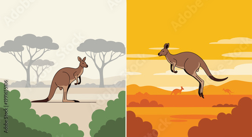 Kangaroo in Natural Habitat Landscape with Bushland and Desert Scenes Wildlife Australia Animal Vector Illustration Set