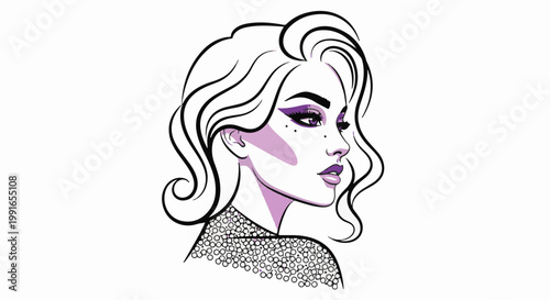 Stylish woman with purple makeup and wavy hair, wearing a patterned collar