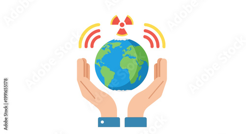 Hands Protecting Earth with Radiation Hazard Symbol and Signal Waves.