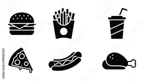 Fast food icon set with 6 black solid vector symbols, junk food collection featuring burger and pizza, takeaway meal elements for restaurant menus
