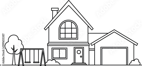 Modern House Exterior Line Icon with Garage Window Tree and Residential Home Outline for Real Estate Architecture Vector Illustration