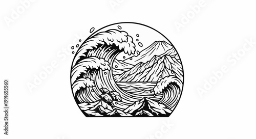 Stylized black and white ink drawing of a powerful wave crashing near mountains