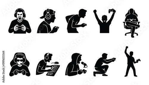 Gamer silhouette icons set, professional esports players with headsets and controllers, 10 black vector gaming avatars for streaming and web design