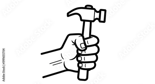 Minimalist line art vector of a human hand holding a hammer, black and white construction tool illustration, carpenter hand gripping a claw hammer for home renovation and DIY repair projects