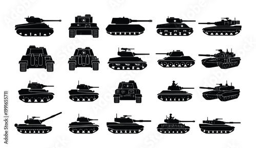Military tank silhouette collection, set of 20 armored vehicle icons, black war machine vector graphics, heavy artillery and combat tank illustrations