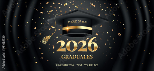 Obraz na płótnie Graduation banner with golden typography and cap on dark background