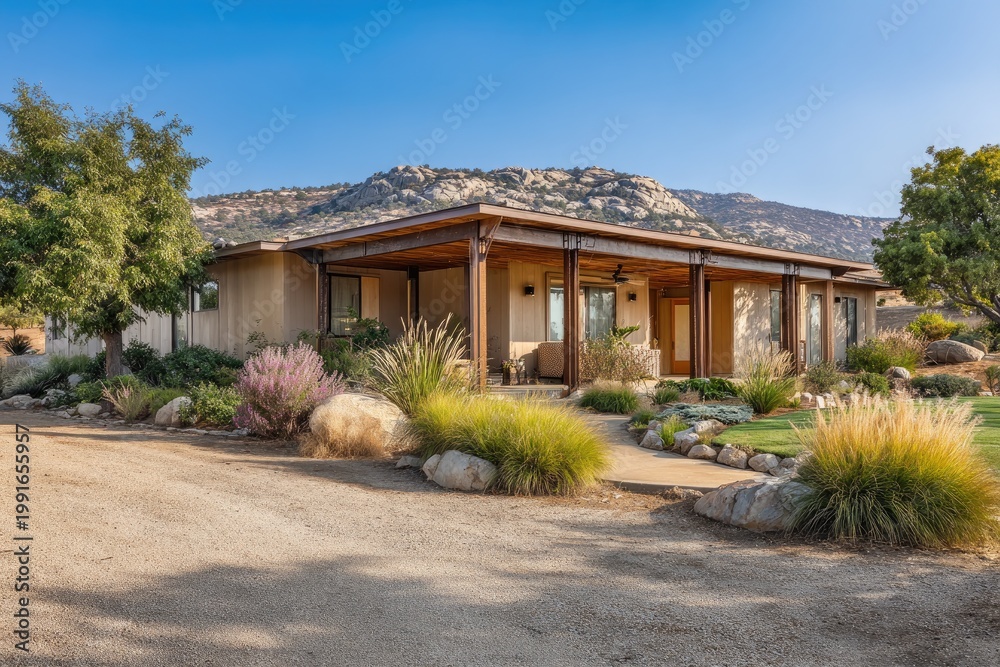 Fototapeta premium Spacious Desert Ranch House with Mountain Views and Lush Landscaping.