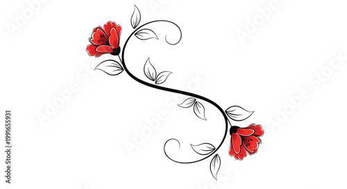 Floral, Red Roses, Vine, Leaves, Vector Illustration, Graphic Element, Ornament, Decoration