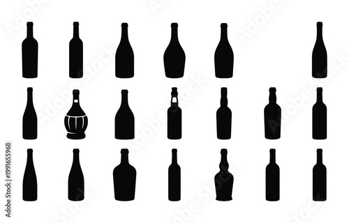 Black bottle silhouettes collection, 20 wine and liquor bottle vector icons, minimalist glass container shapes for bar menus and beverage branding